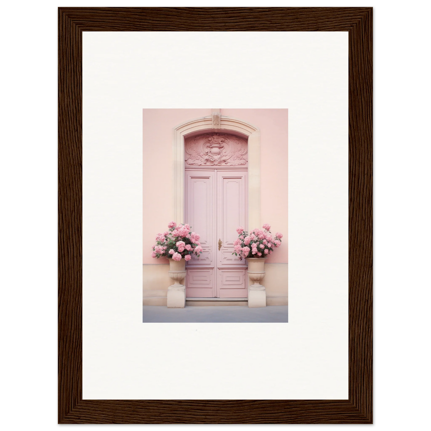 Charming Pink Door with floral planters, perfect for your Rosy Cosmos Gateway art