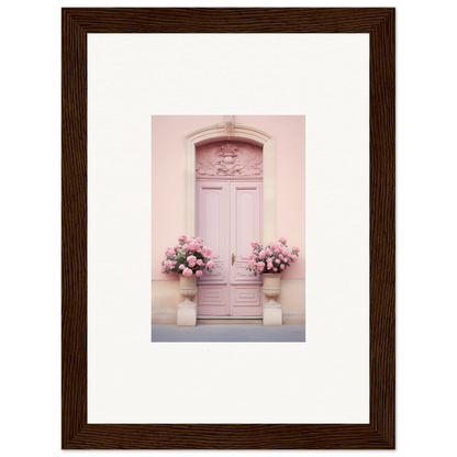 Charming Pink Door with floral planters, perfect for your Rosy Cosmos Gateway art