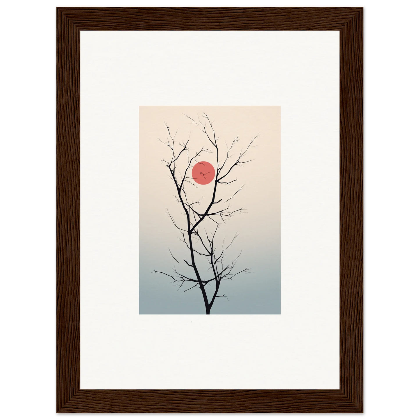 Bare tree branches silhouetted against a pink sun for Serene Eclipse wall art