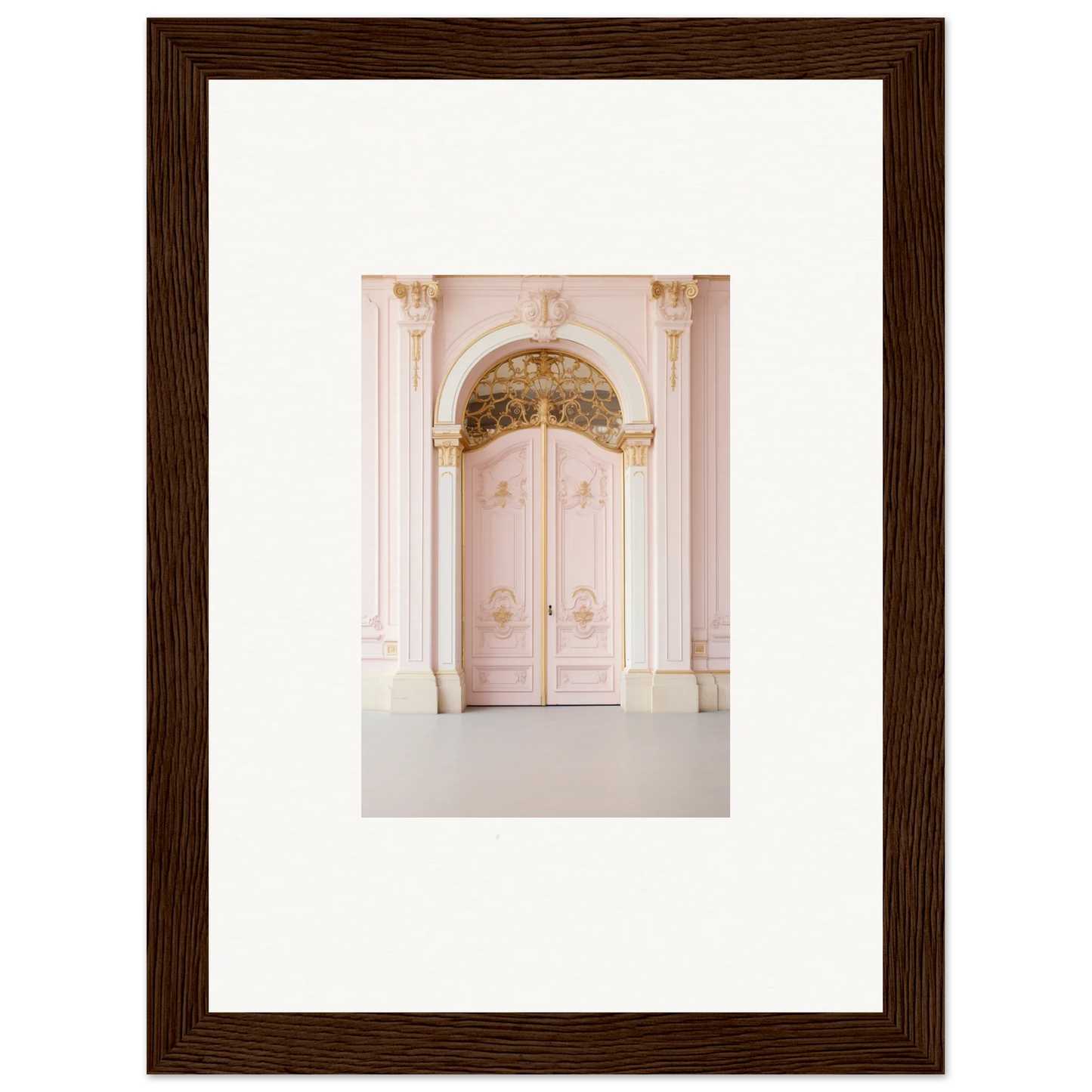 Ornate pink double door with gold details, perfect for Regal Must premium framed wall art