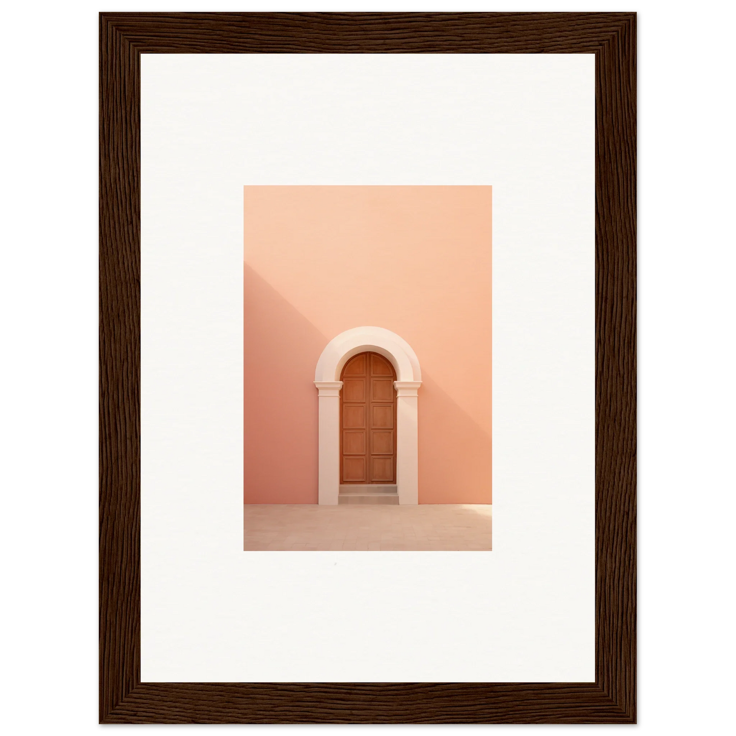 Wooden door in a curved archway on a peachy-pink wall from Silent Coral Dreams