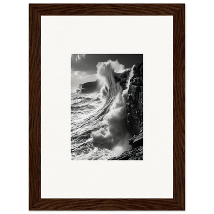Powerful ocean wave crashing on rocky cliff in Tidal Curved Reality framed wall art