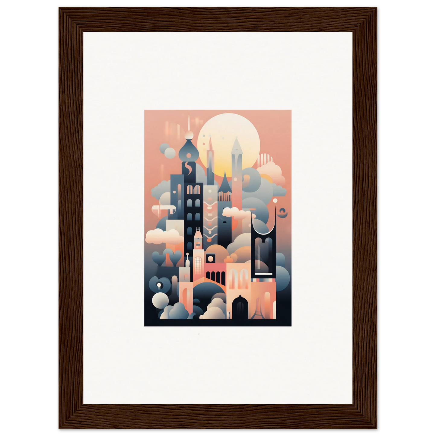 Framed art print of Ephemeral Castle Whispers with pink and blue cityscape design