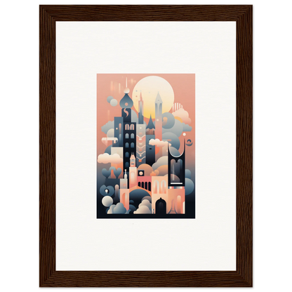 Framed art print of Ephemeral Castle Whispers with pink and blue cityscape design