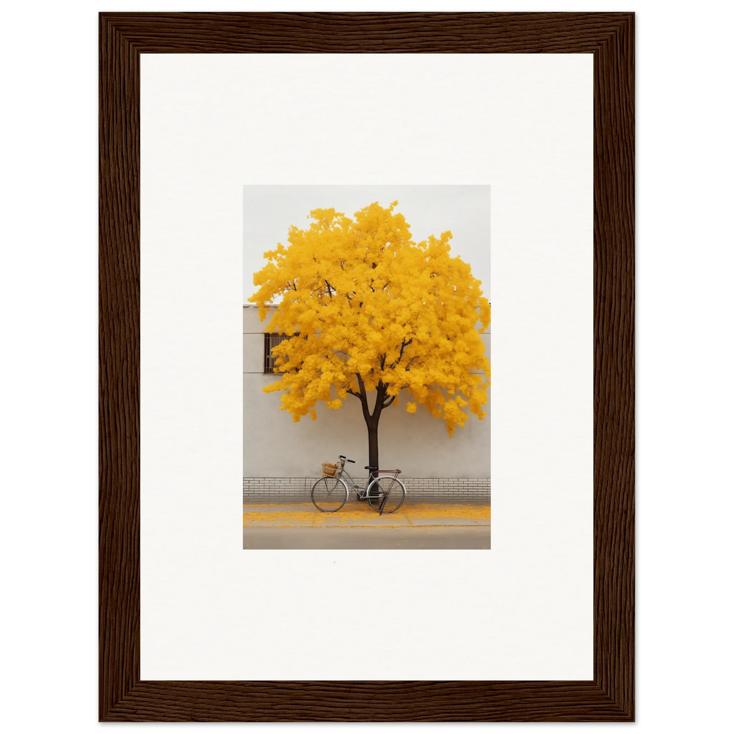 Framed wall art of Lemonade Gaze Reverie with a yellow-leaved tree and bicycle