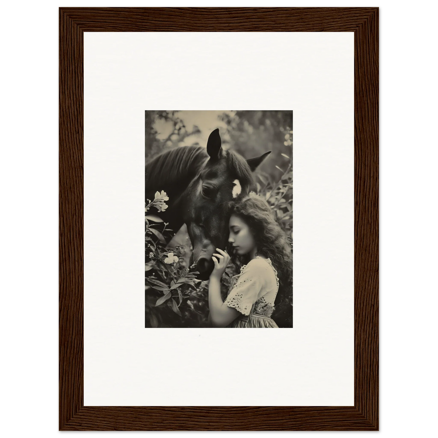 Framed black and white canvas print of a girl with a horse for cozy room decoration