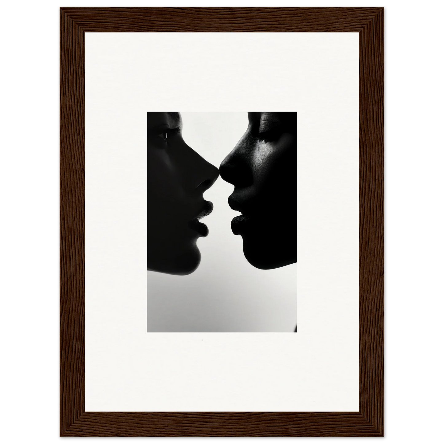 Two silhouettes in an intimate moment with Narcissus Mirror Haze framed wall art