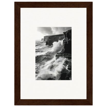 Black and white image of waves crashing on cliffs in Tempestuous Rock Ballet art™