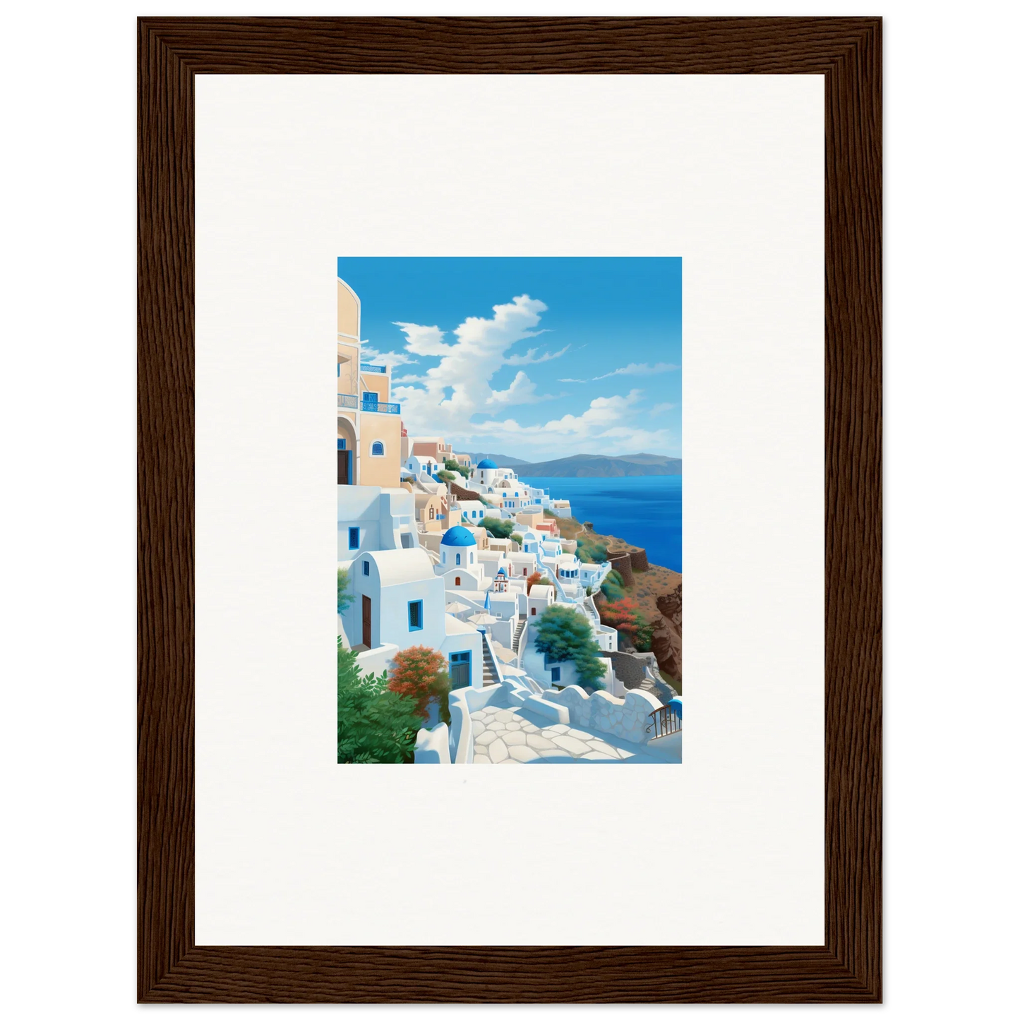 Framed Sunday Stahl Messiração artwork of Santorini’s blue domes by the sea