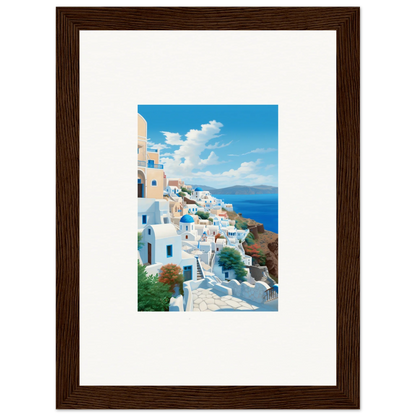 Framed Sunday Stahl Messiração artwork of Santorini’s blue domes by the sea