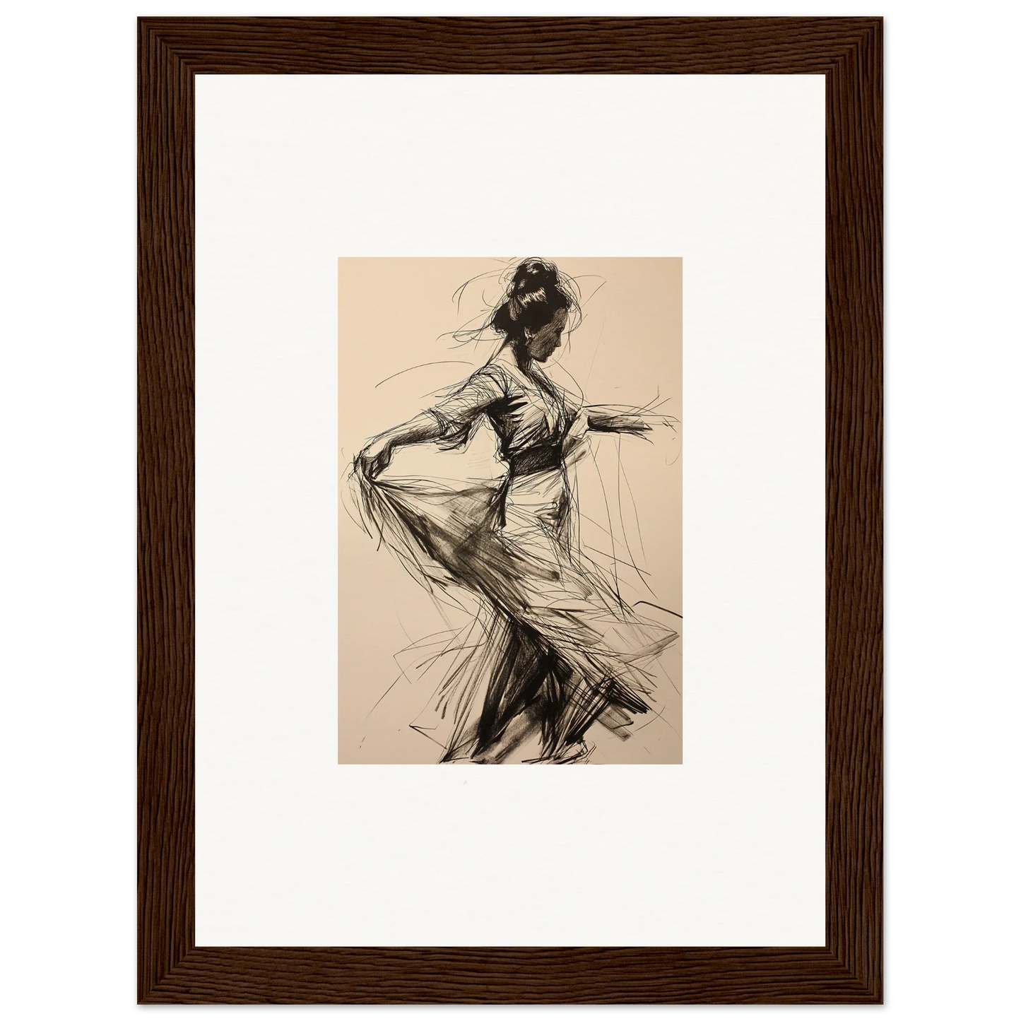 Charcoal sketch of a dancer in motion for Ephemeral Motion Whispers framed wall art