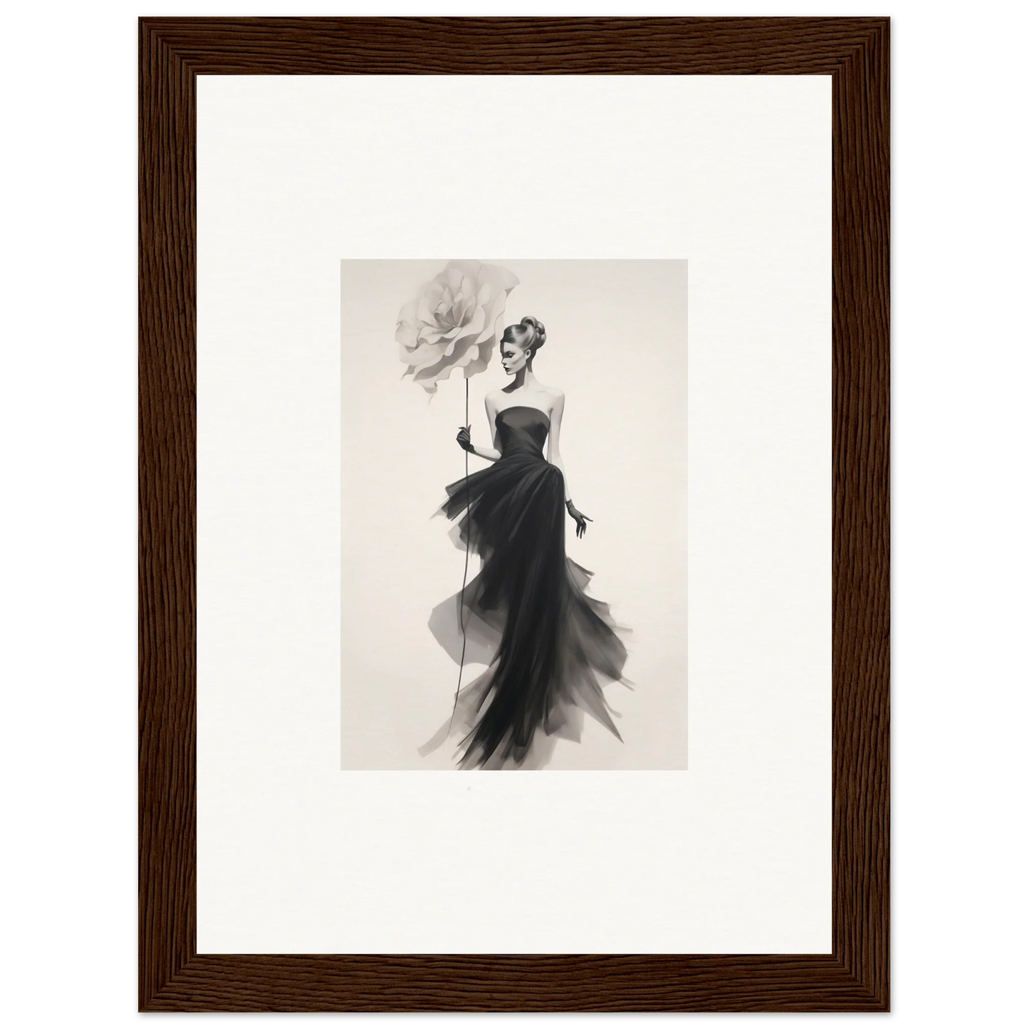 Elegant black and white fashion illustration of Opulent Reverie Lyrisans evening gown