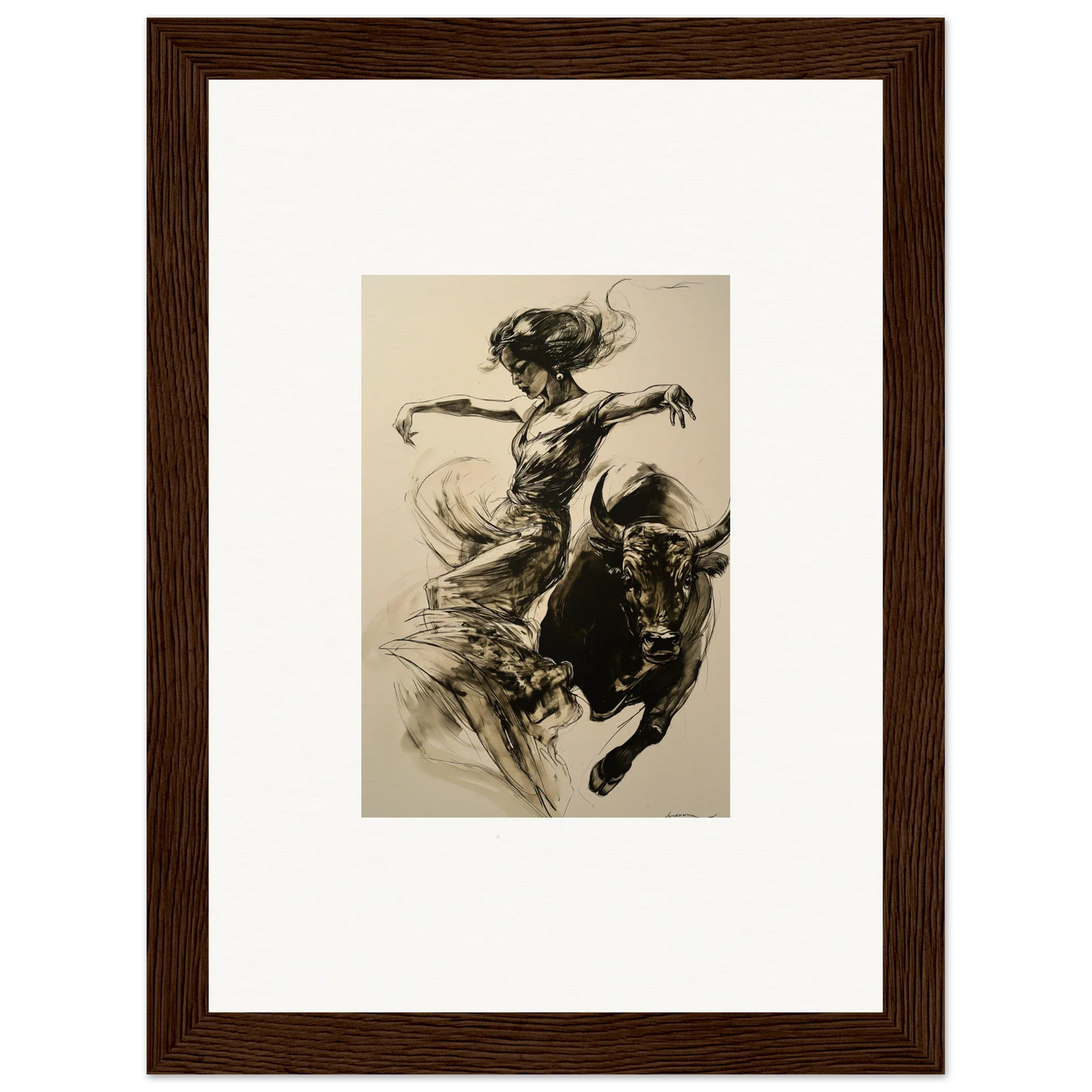 Dynamic black and white bullfighter sketch from Resilient Dancer Flame framed wall art