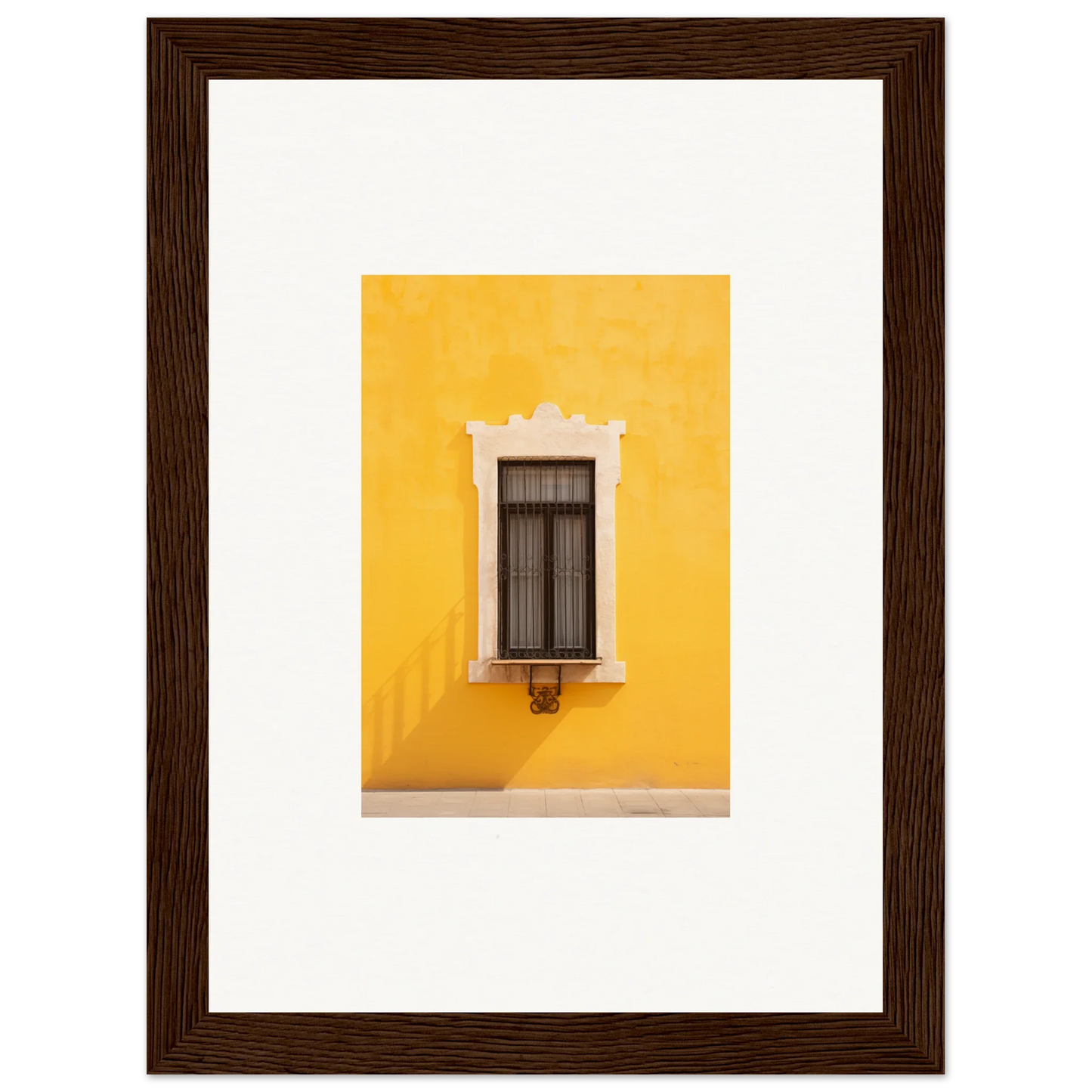 Ornate white-trimmed window on a vibrant yellow wall from Window’s Giallo Reverie special edition art™