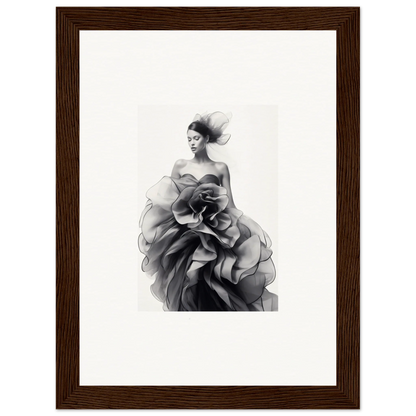 Black and white fashion illustration of a strapless gown with ruffles, Ephemeral Orchard Whispers