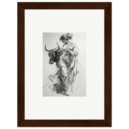 Black and white sketch of a woman in flowing robes next to a bull for Splashing Gaze Melds