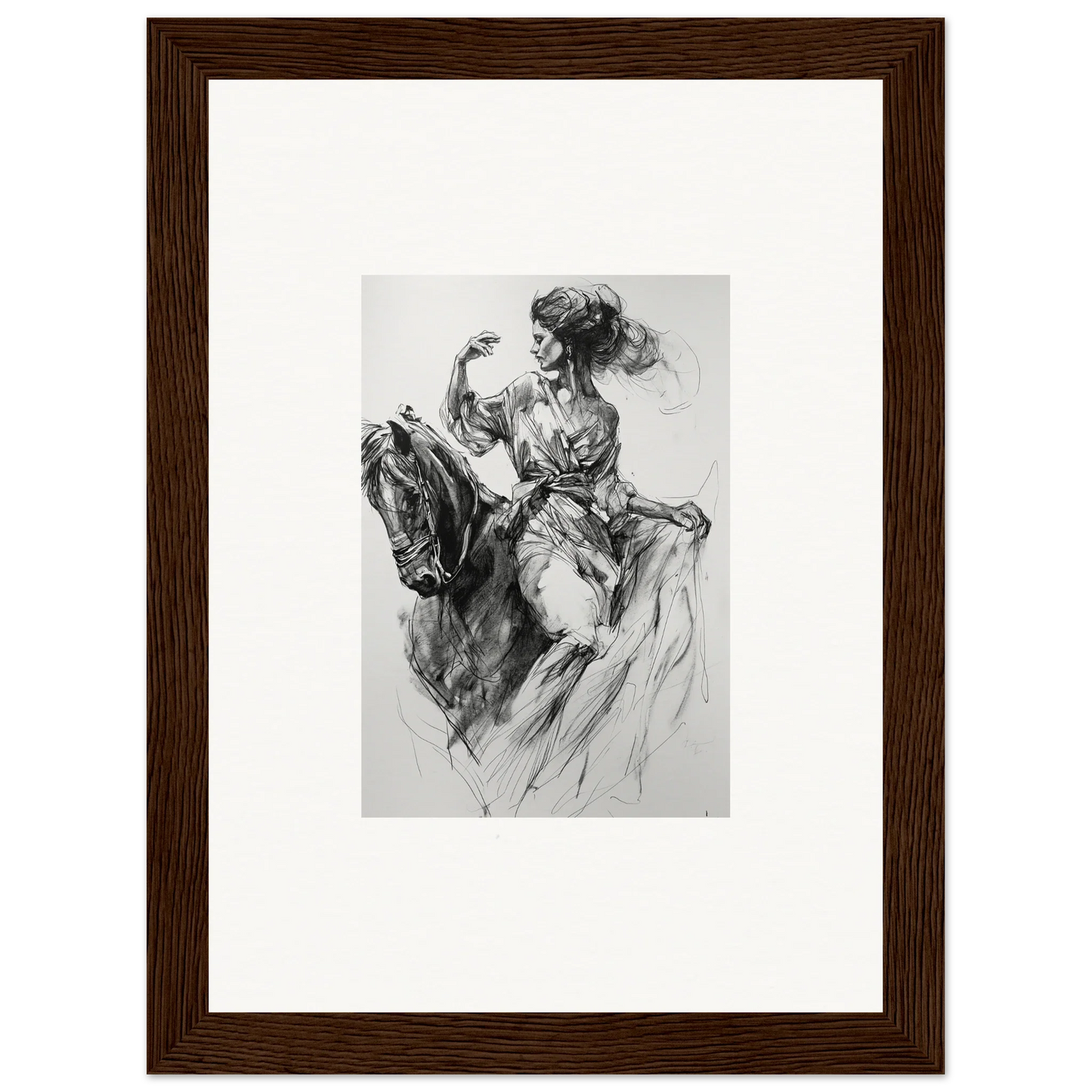 Black and white sketch of a figure on horseback in dynamic motion from Ephemeral Journey Grafikermania