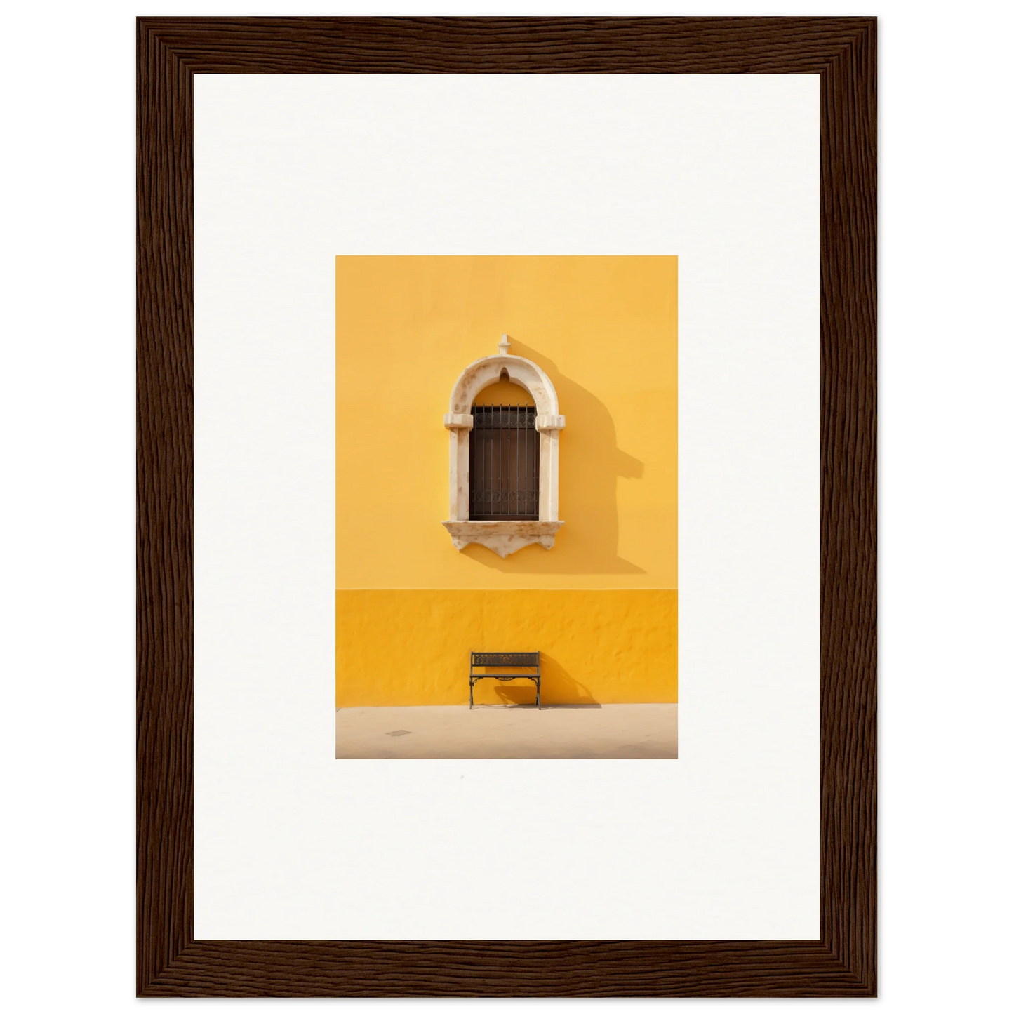 Premium framed wall art of a yellow wall with an arched window and bench