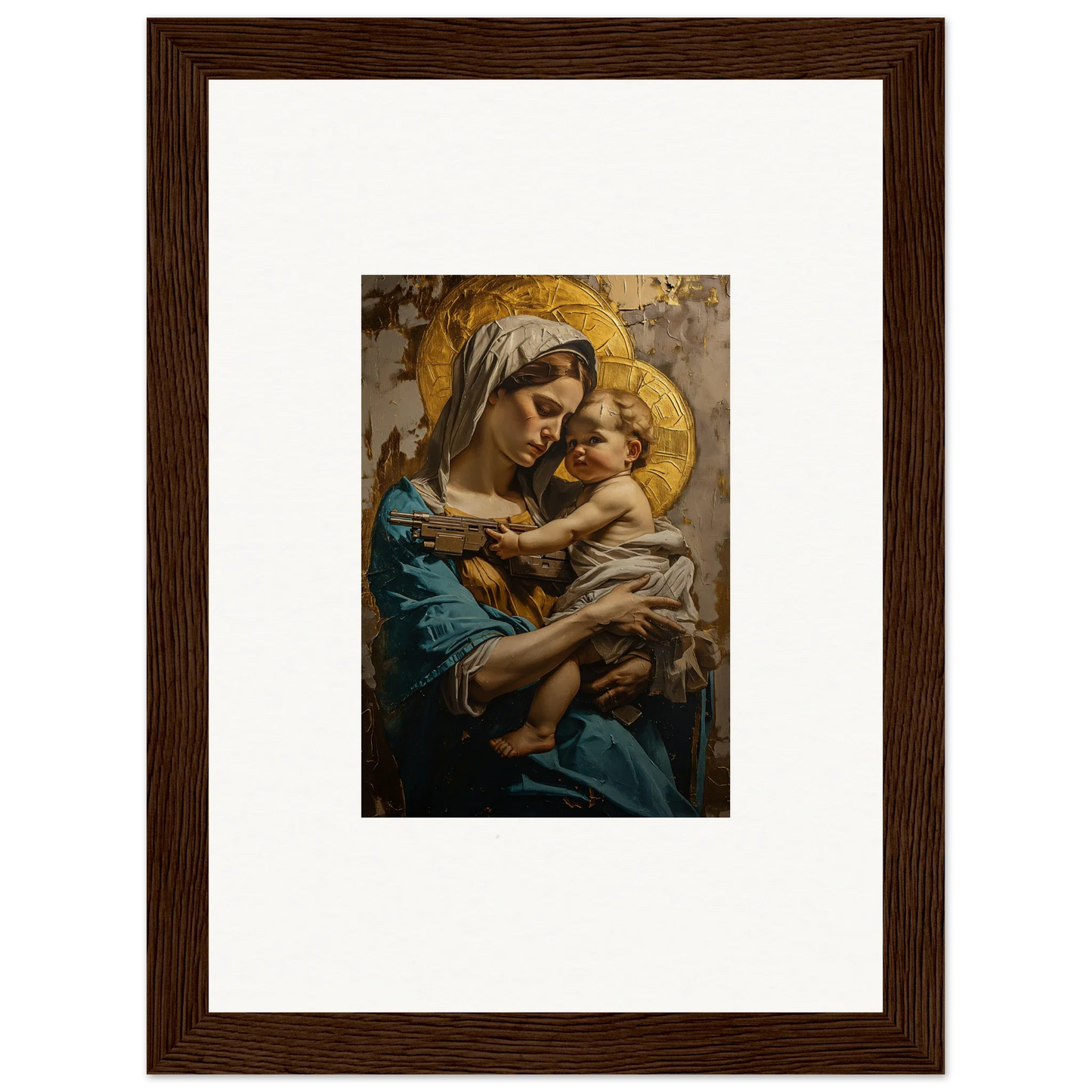 Framed canvas print of Sacred Embrace, showcasing wall art of a woman and baby with halos