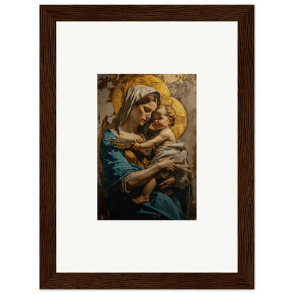 Framed canvas print of Sacred Embrace, showcasing wall art of a woman and baby with halos