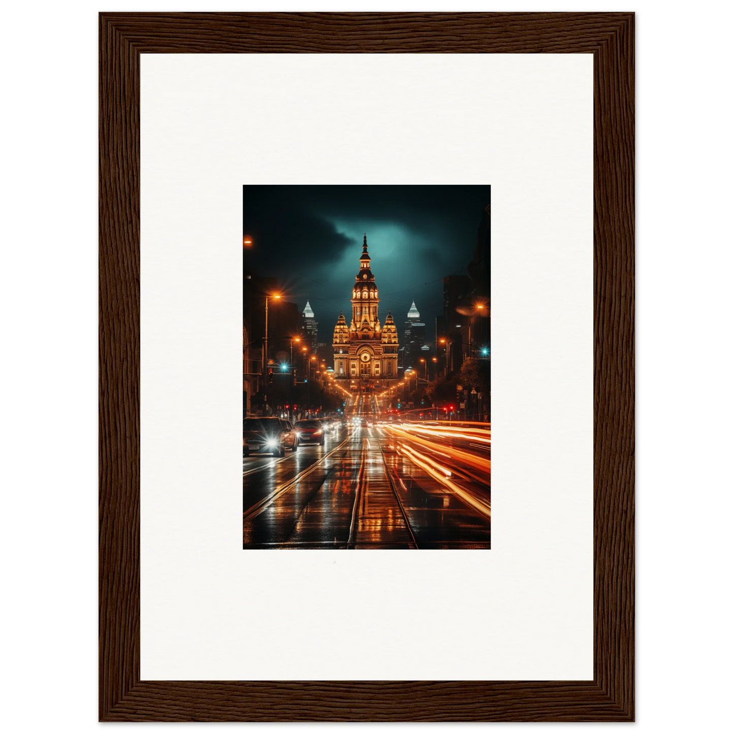 Framed wall art of a nighttime Gothic building with light trails, Radiant Urban Reverie