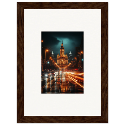 Framed wall art of a nighttime Gothic building with light trails, Radiant Urban Reverie