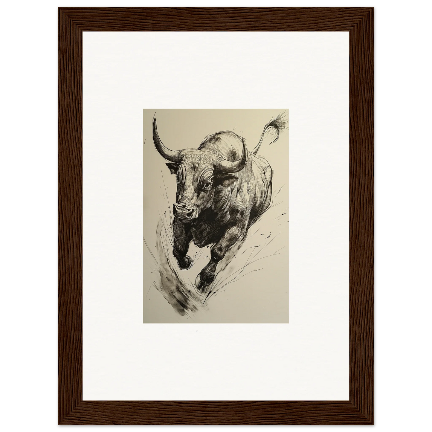 Charging bull in bold black and white brushstrokes for Ebullient Storm Release framed wall art