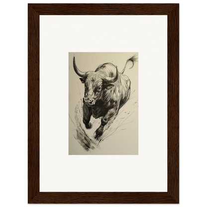 Charging bull in bold black and white brushstrokes for Ebullient Storm Release framed wall art