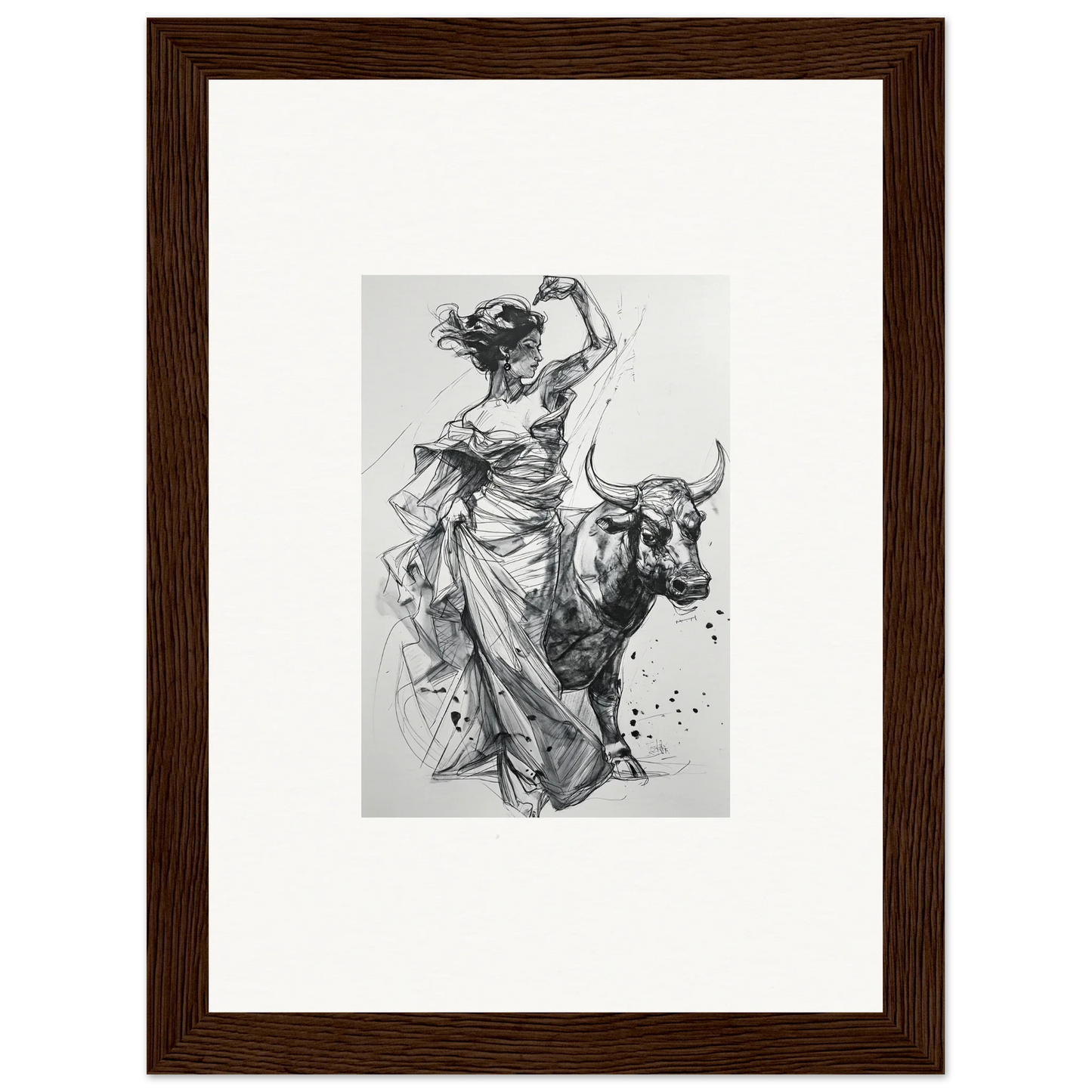 Black and white sketch of a figure in robes riding a bull from Tauripe Mystique Visions