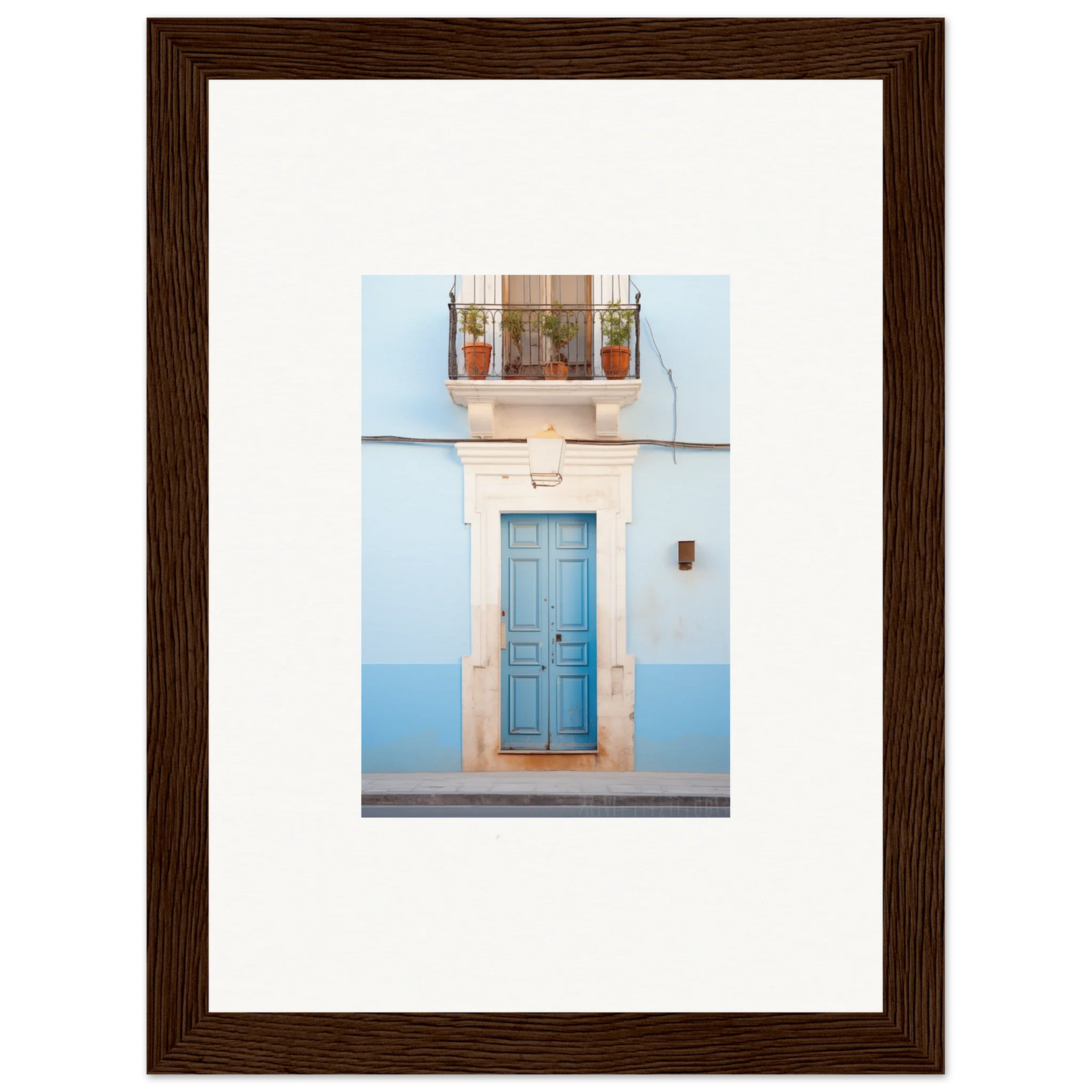 Light blue wooden door with white stone frame in Ethereal Azul Entrance art piece