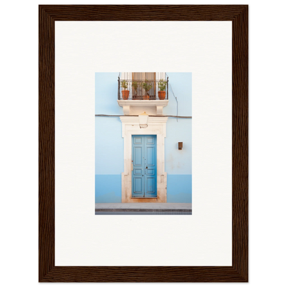 Light blue wooden door with white stone frame in Ethereal Azul Entrance art piece