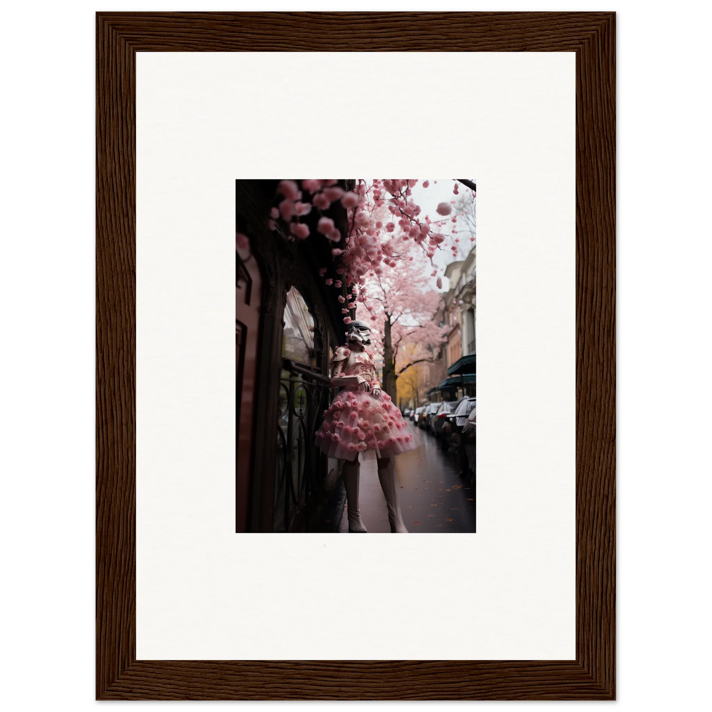 Framed wall art of cherry blossoms on a city street from Petal Eccentricity Revealed