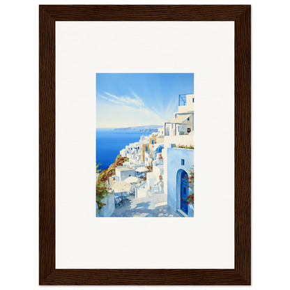 Framed art of Santorini’s white buildings and blue domes in Mediterranean Serenity Remastered