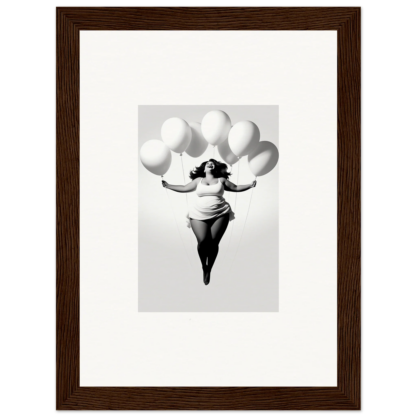 Artistic black and white photo of a figure with balloons for Rosy Liberties Soar framed wall art