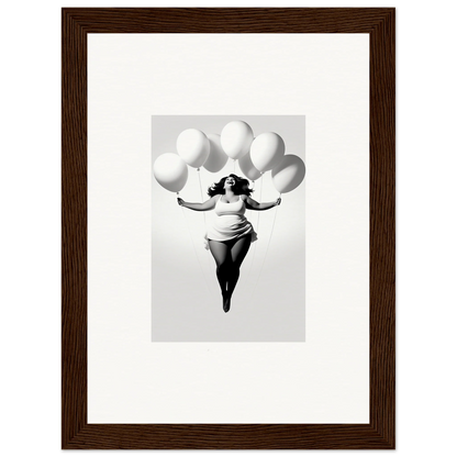 Artistic black and white photo of a figure with balloons for Rosy Liberties Soar framed wall art