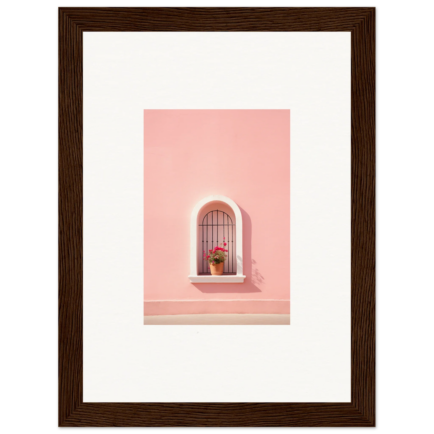 Arched window with metal bars and a pink flower, part of Sunset Silhouette Romance