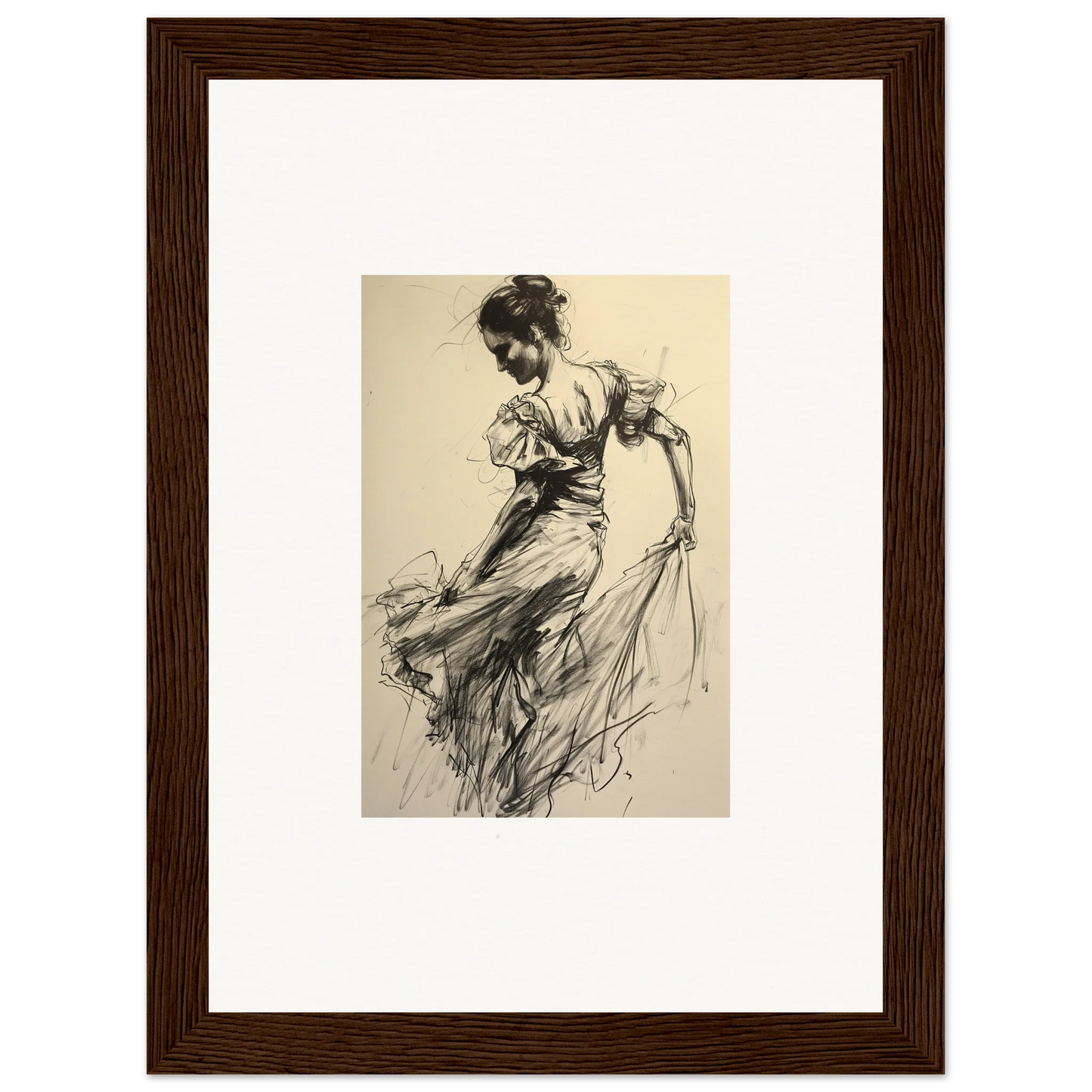 Vintage sketch of a dancer in flowing dress showcased in Gyroscopic Baudelo Bacon framed wall art