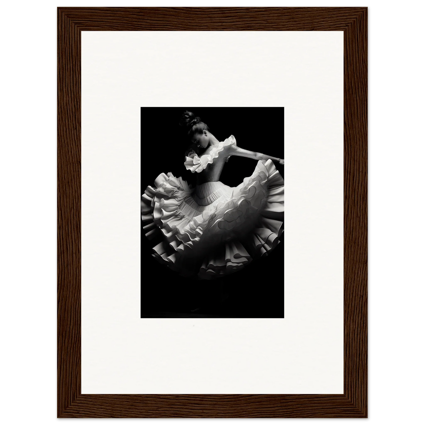 Framed black and white photo of a Swirled Dream Dancer in a flowing tulle dress