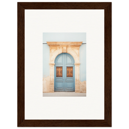 Light blue wooden door with ornate peach stone archway in special edition art™ design