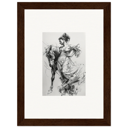 Black and white sketch of an elegant equestrian in Thoughts Unbridled Dance framed wall art