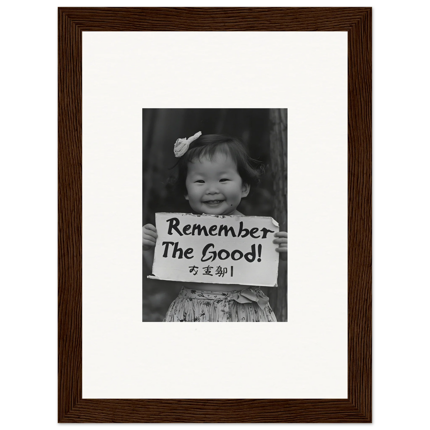 Framed black and white photo of a child with Remember The Good sign for Innocent Memory Echoes