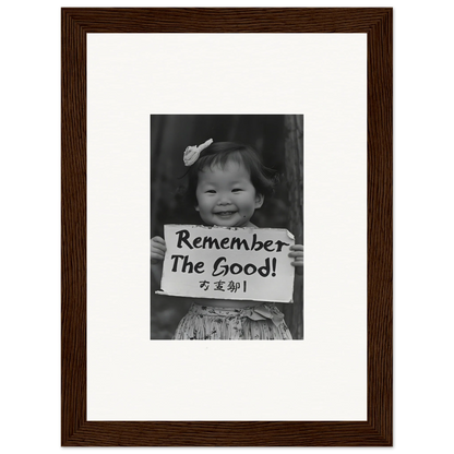 Framed black and white photo of a child with Remember The Good sign for Innocent Memory Echoes