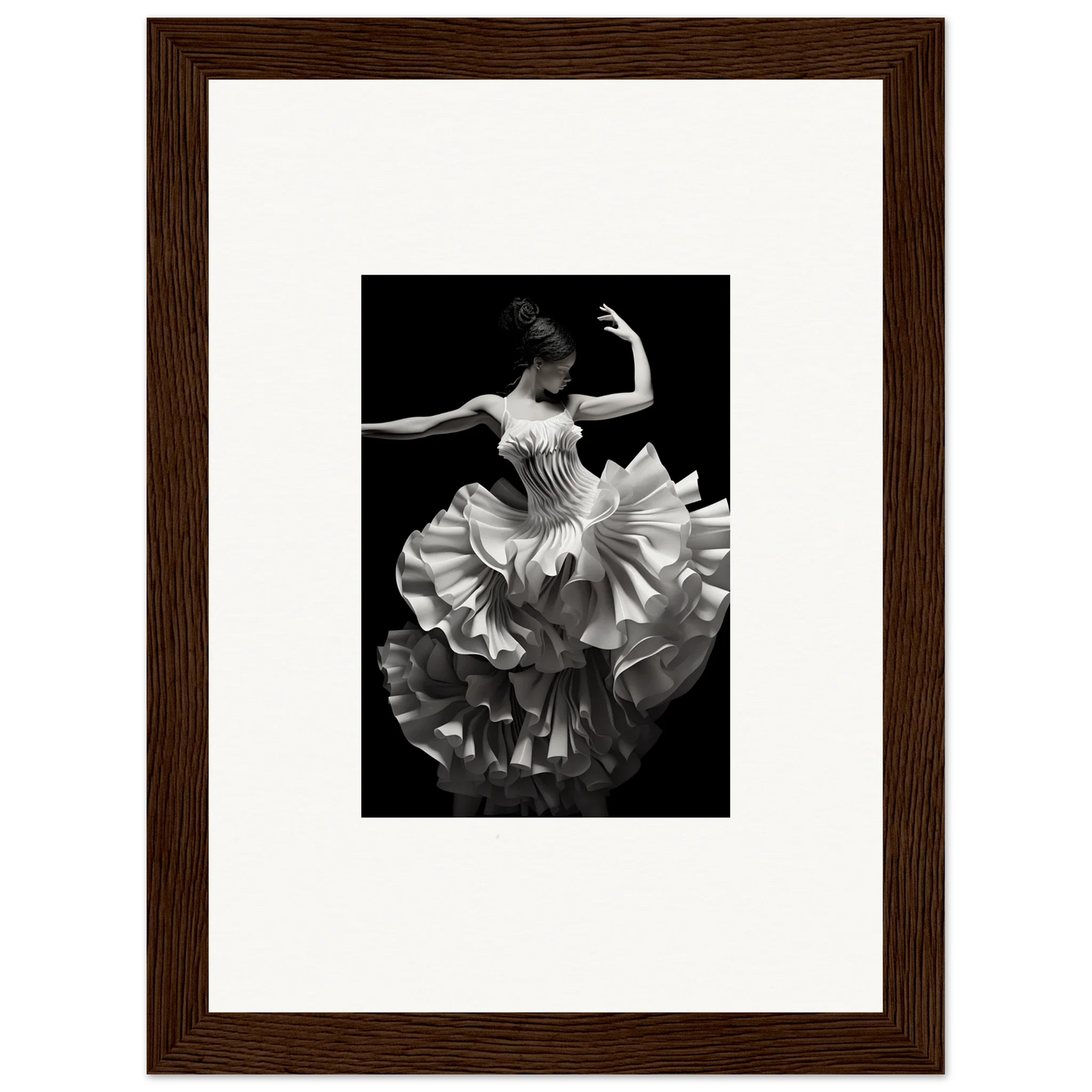 Dancer in ruffled white dress twirls, showcasing Tangled Luminous Laces framed poster