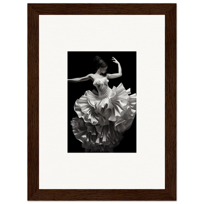 Dancer in ruffled white dress twirls, showcasing Tangled Luminous Laces framed poster