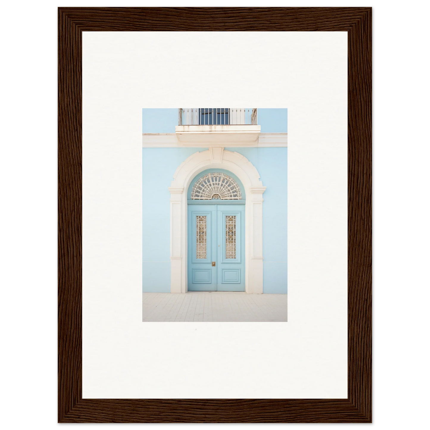 Light blue double door with arched transom, a Delphinium Dream Portal in framed wall art