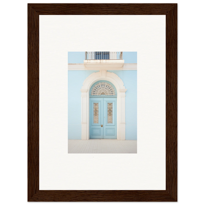 Light blue double door with arched transom, a Delphinium Dream Portal in framed wall art