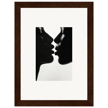 Silhouetted profile of two people kissing in Luminous Midnight Kiss framed wall art