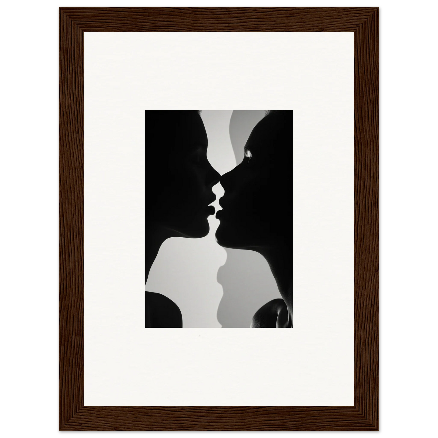 Silhouette of two profiles about to kiss for Nouveau Love Symphony framed wall art