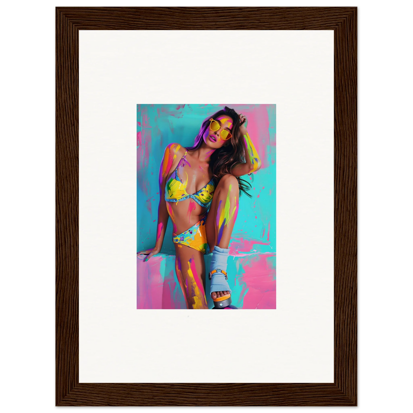 Colorful framed canvas print of a woman in a yellow bikini for vibrant room decoration