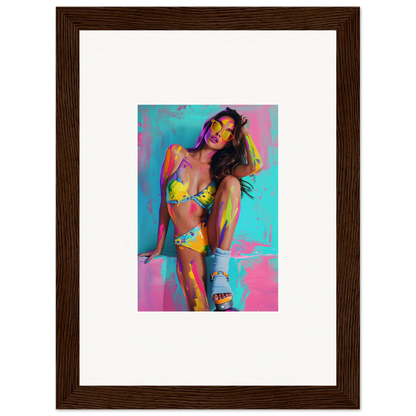 Colorful framed canvas print of a woman in a yellow bikini for vibrant room decoration